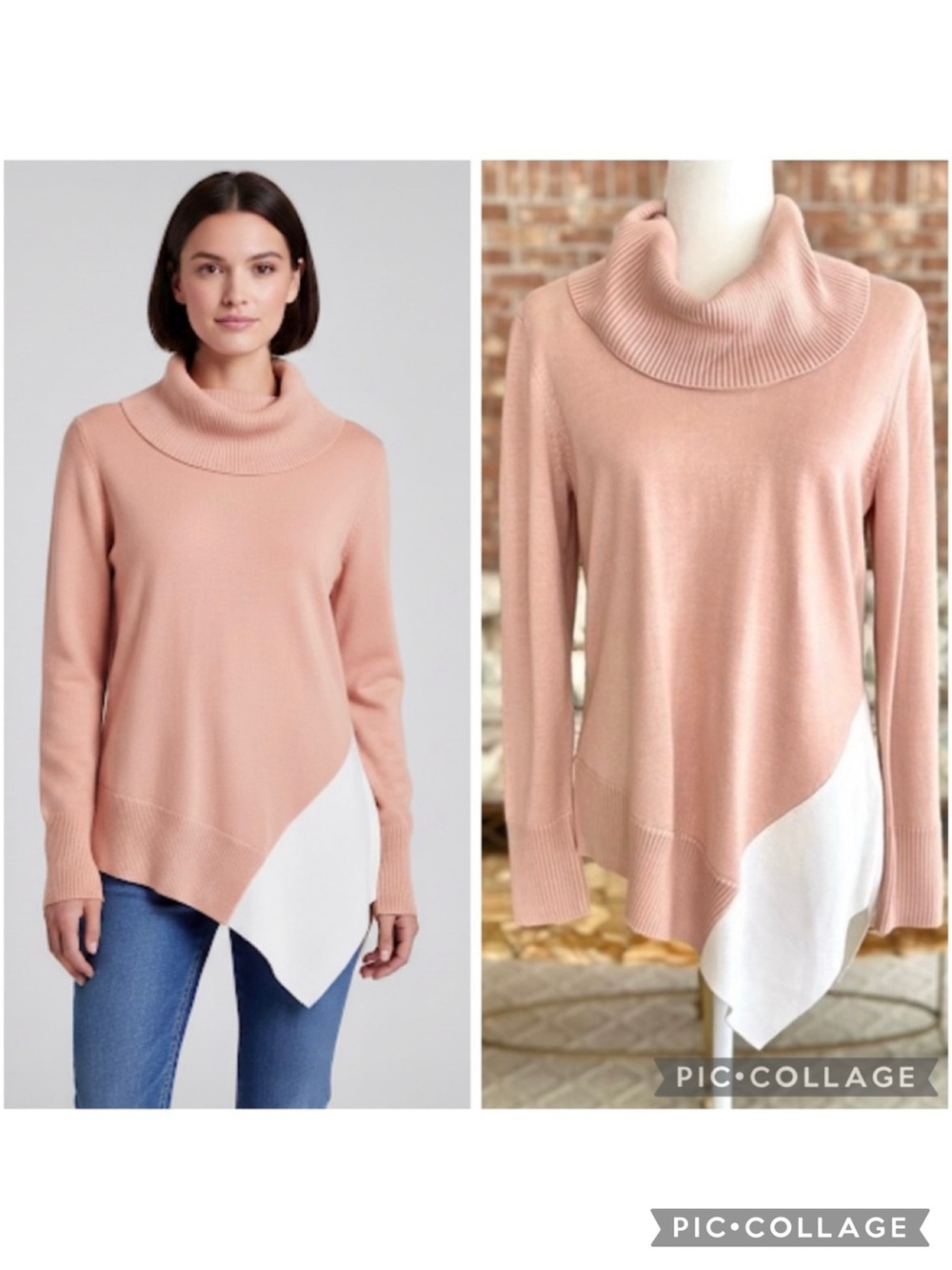 Calvin Klein Sweater Tunic Cowl Neck Color block Asymmetrical Hem M Quiet Luxury